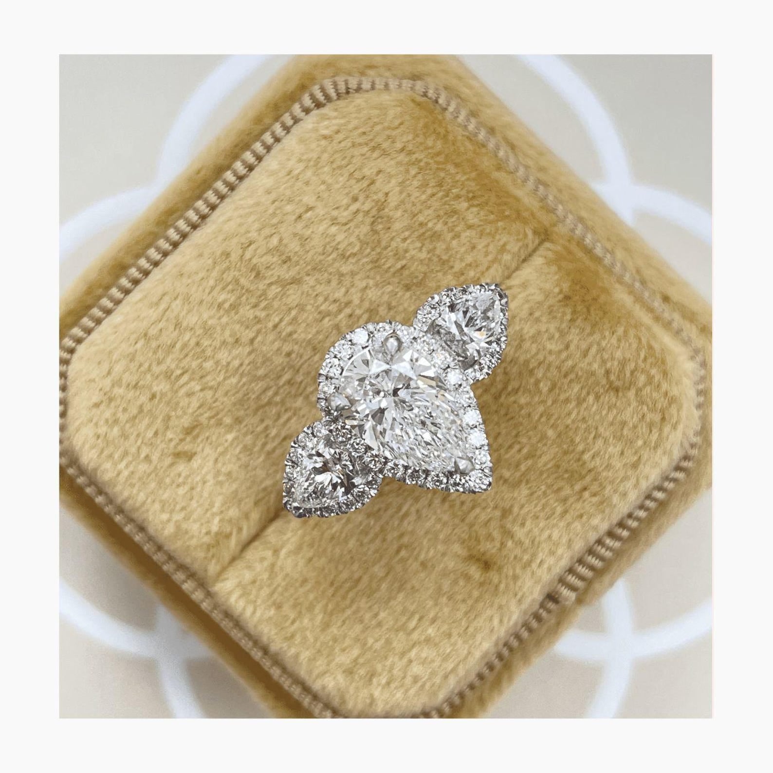 4.40 Ct Pear Cut Moissanite Diamond Halo Set Three Stone Engagement Ring