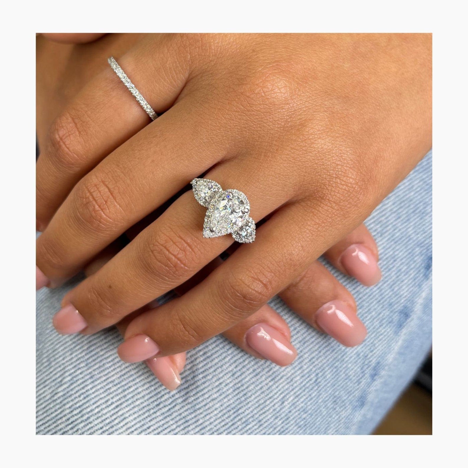 4.40 Ct Pear Cut Moissanite Diamond Halo Set Three Stone Engagement Ring
