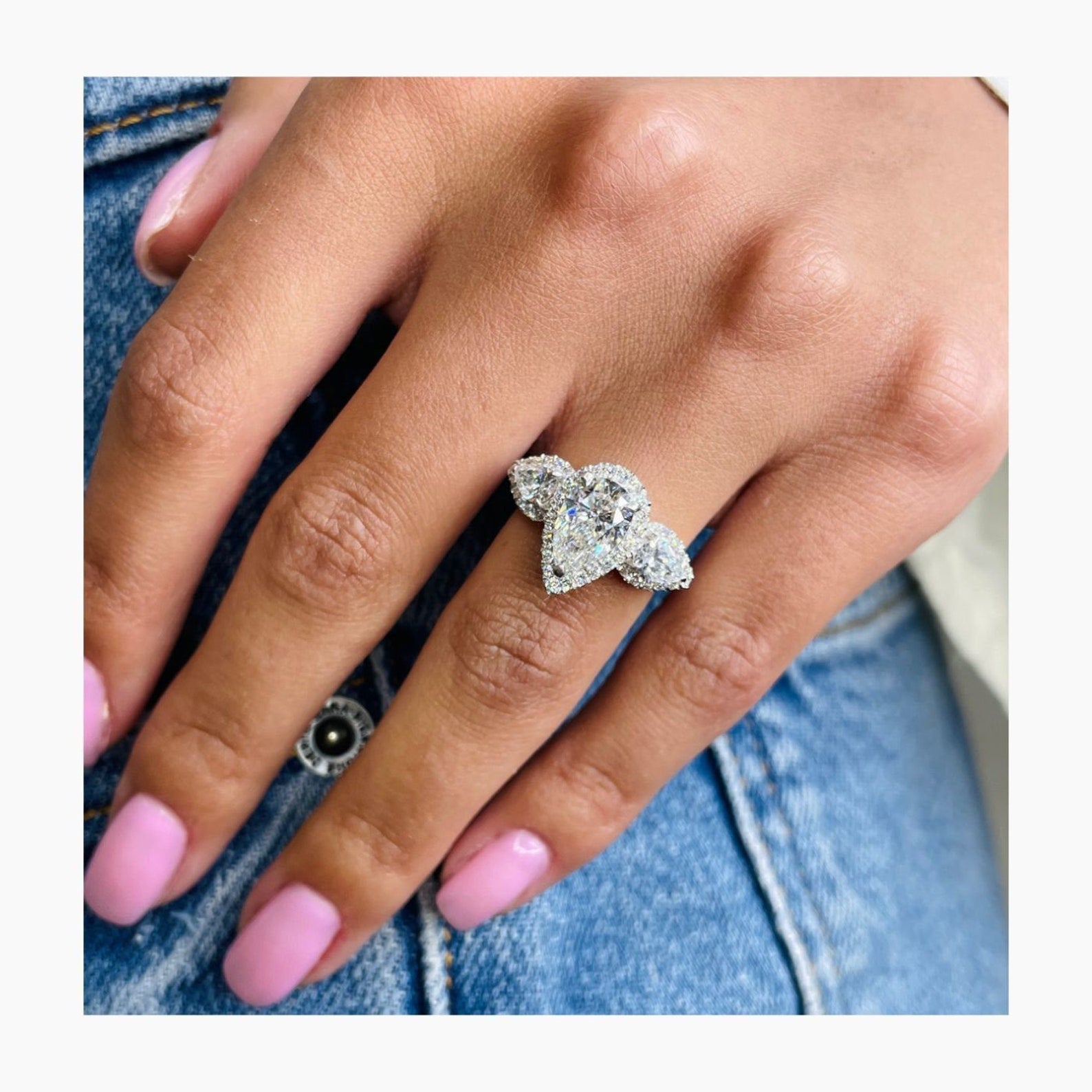 4.40 Ct Pear Cut Moissanite Diamond Halo Set Three Stone Engagement Ring
