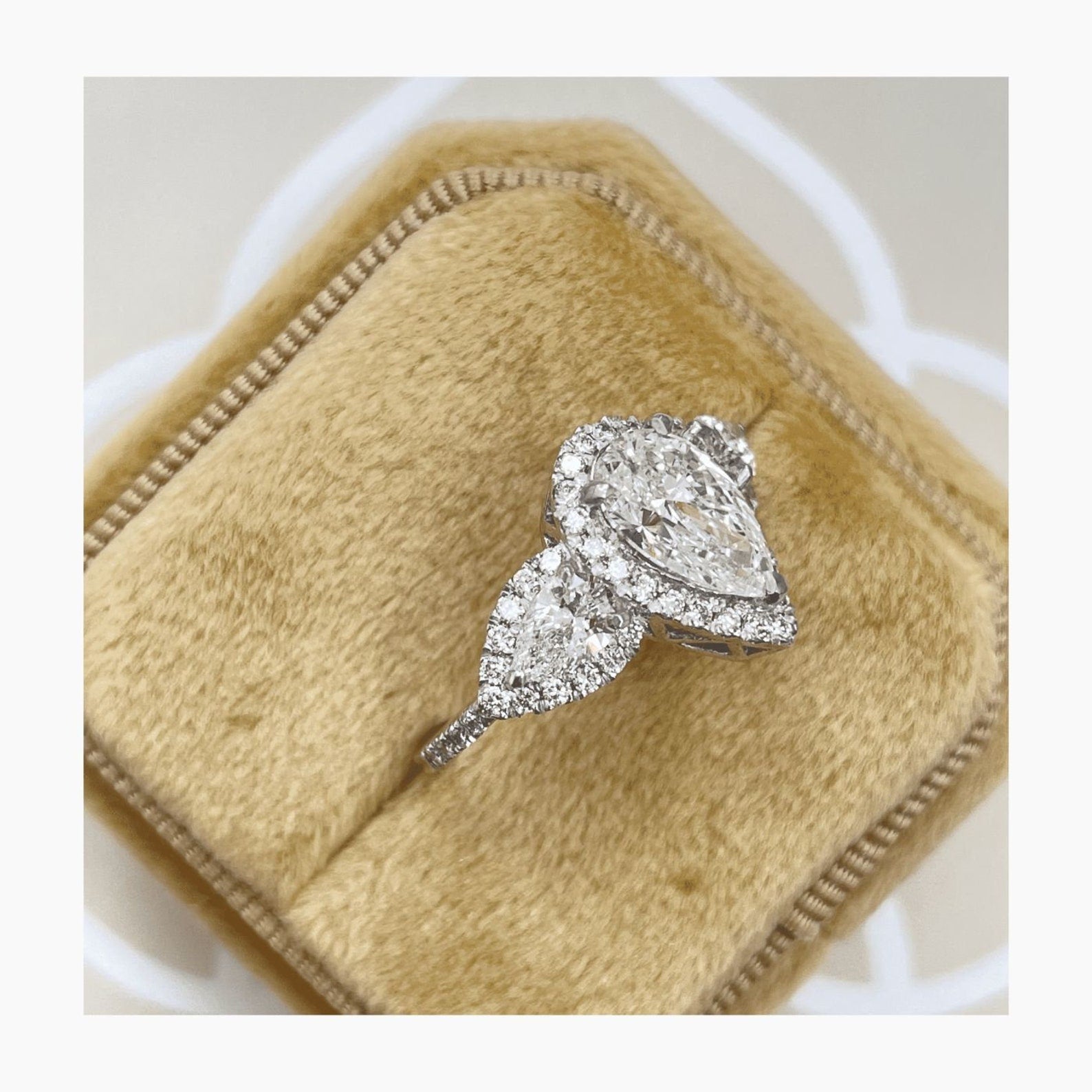 4.40 Ct Pear Cut Moissanite Diamond Halo Set Three Stone Engagement Ring