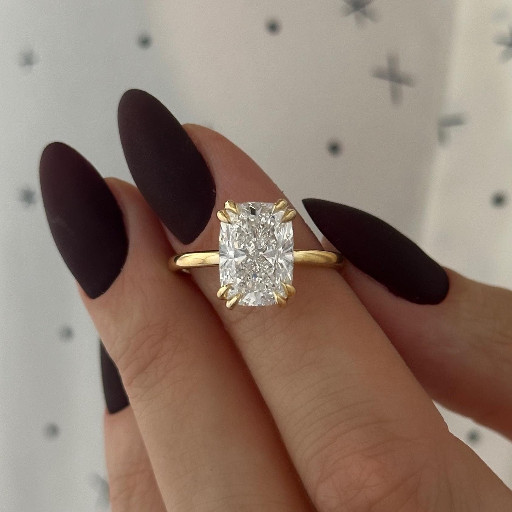 4 CT Elongated Cushion Moissanite Diamond Hidden Halo Double Claw Prong Engagement Ring