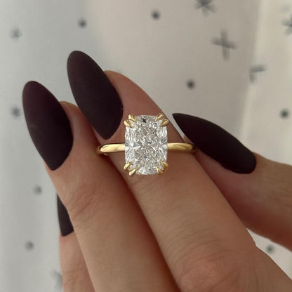 4 CT Elongated Cushion Moissanite Diamond Hidden Halo Double Claw Prong Engagement Ring