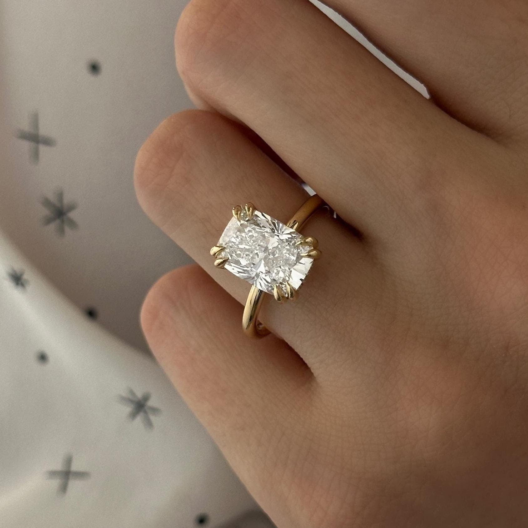 4 CT Elongated Cushion Moissanite Diamond Hidden Halo Double Claw Prong Engagement Ring