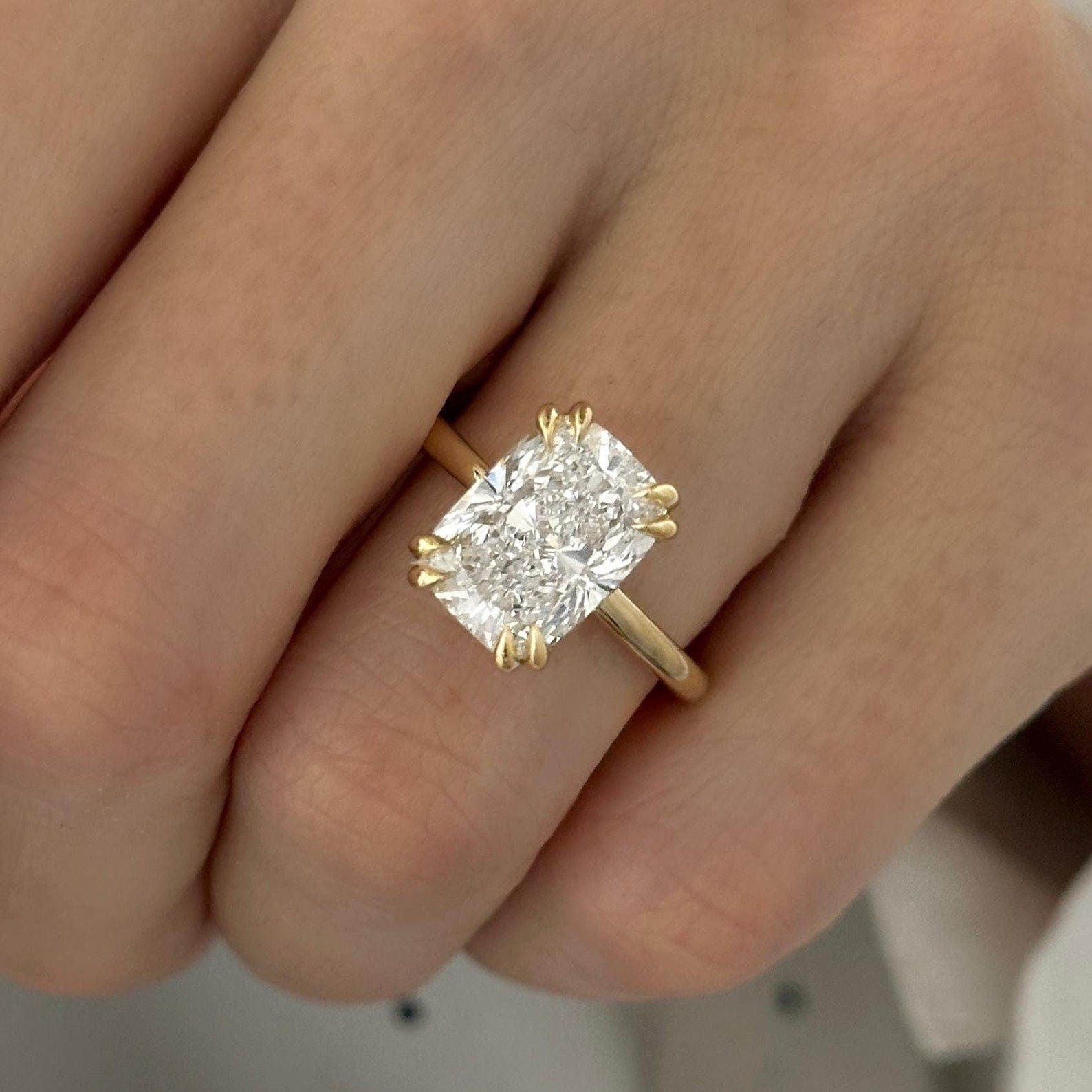 4 CT Elongated Cushion Moissanite Diamond Hidden Halo Double Claw Prong Engagement Ring