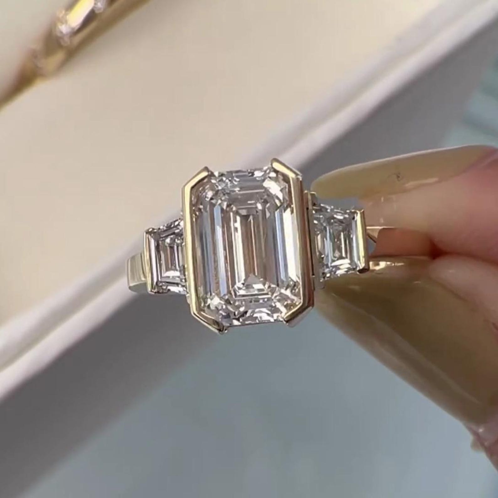 4 CT Emerald Moissanite Diamond Half Bezel Three Stone Beautiful Engagement Ring