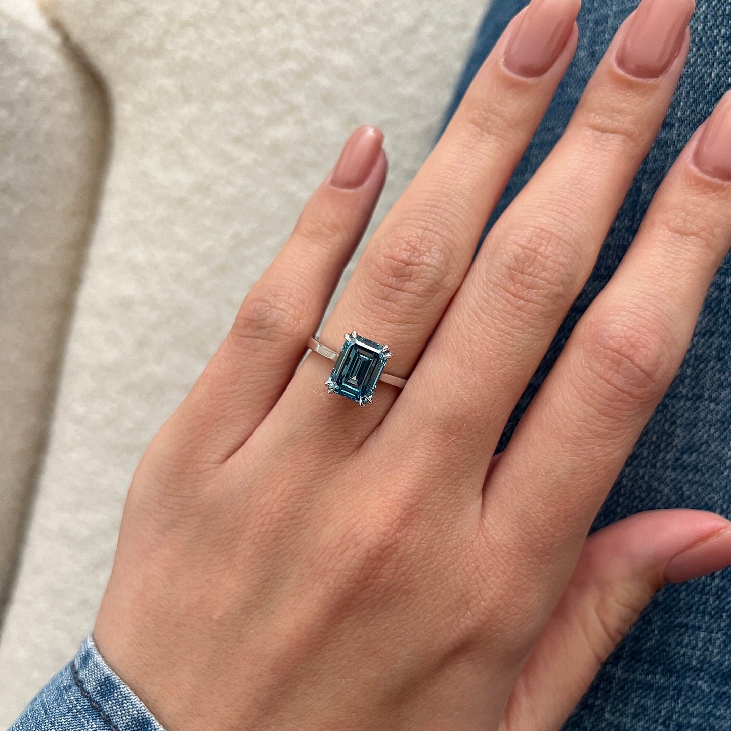 4 Carat Emerald Cut Fancy Vivid Blue Diamond Solitaire Engagement Ring