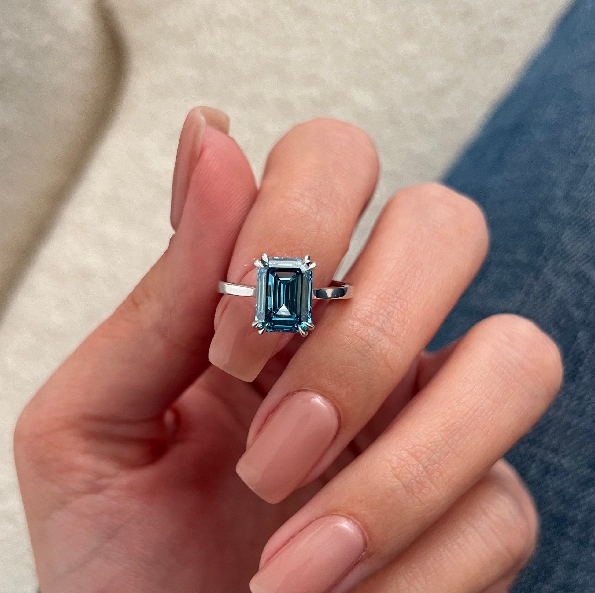 4 Carat Emerald Cut Fancy Vivid Blue Diamond Solitaire Engagement Ring