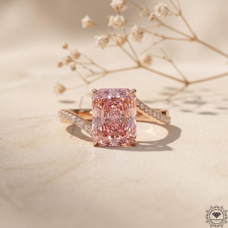 4ct Radiant Pink Lab Grown Diamond Engagement Ring 14K Gold

