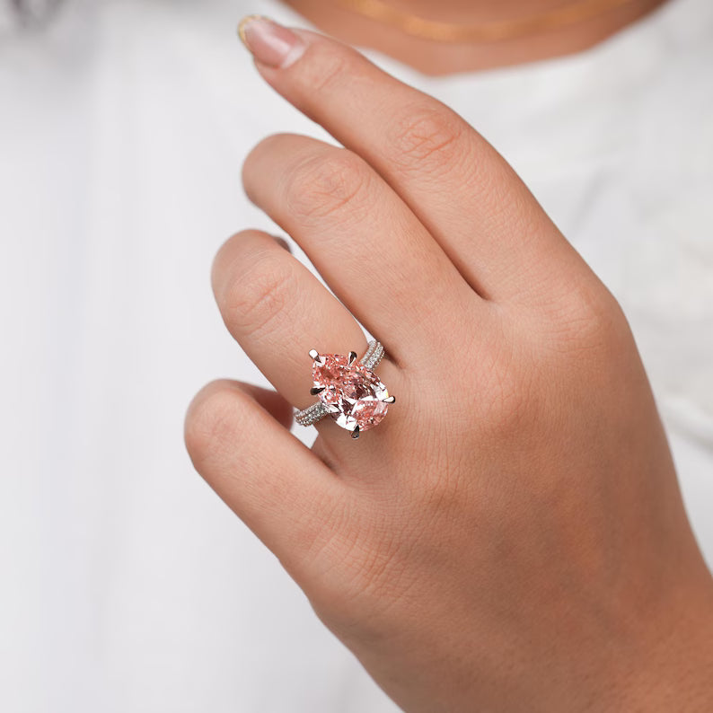 5.00 Ct Fancy Vivid Pink Pear Lab Grown Diamond Engagement Ring for Her, Fancy Color Pear Diamond Solitaire Wedding Ring, Art Deco Anniversary Ring