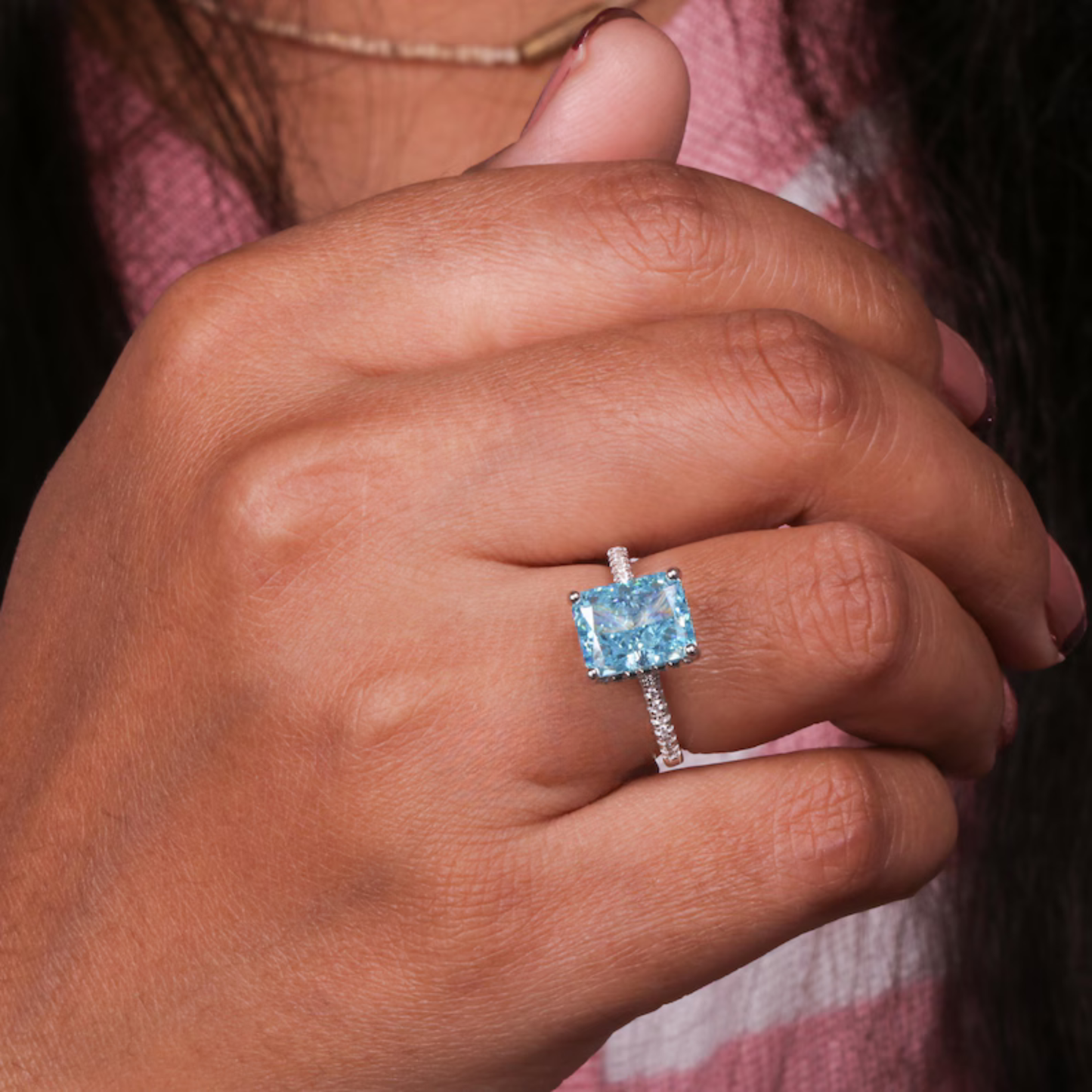 5.00 Ct Radiant Cut Fancy Vivid Blue Lab Grown Diamond Hidden Halo Engagement Ring  Round Diamond Prong Set Accent Ring Art Deco Wedding Ring