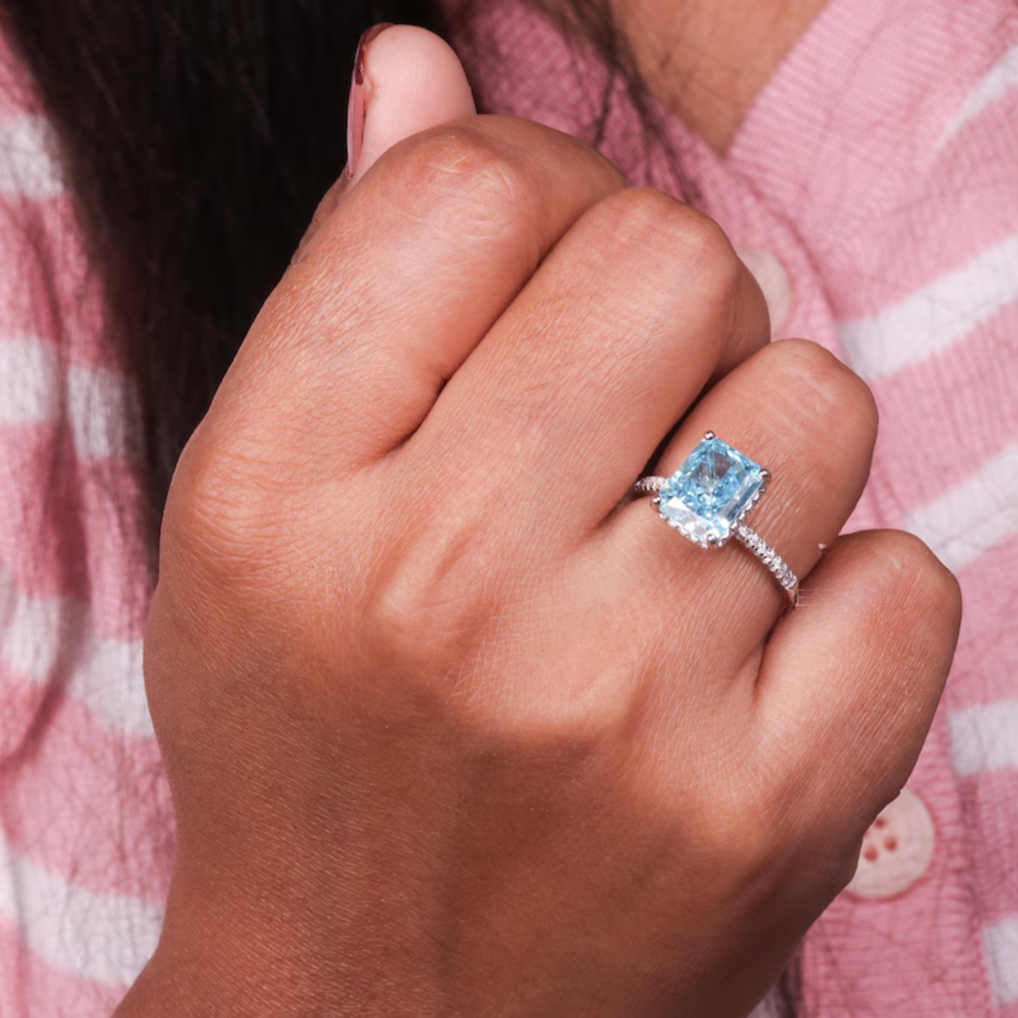 5.00 Ct Radiant Cut Fancy Vivid Blue Lab Grown Diamond Hidden Halo Engagement Ring  Round Diamond Prong Set Accent Ring Art Deco Wedding Ring