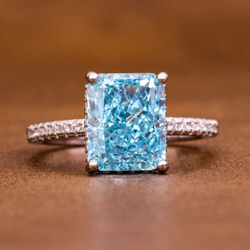 5.00 Ct Radiant Cut Fancy Vivid Blue Lab Grown Diamond Hidden Halo Engagement Ring  Round Diamond Prong Set Accent Ring Art Deco Wedding Ring