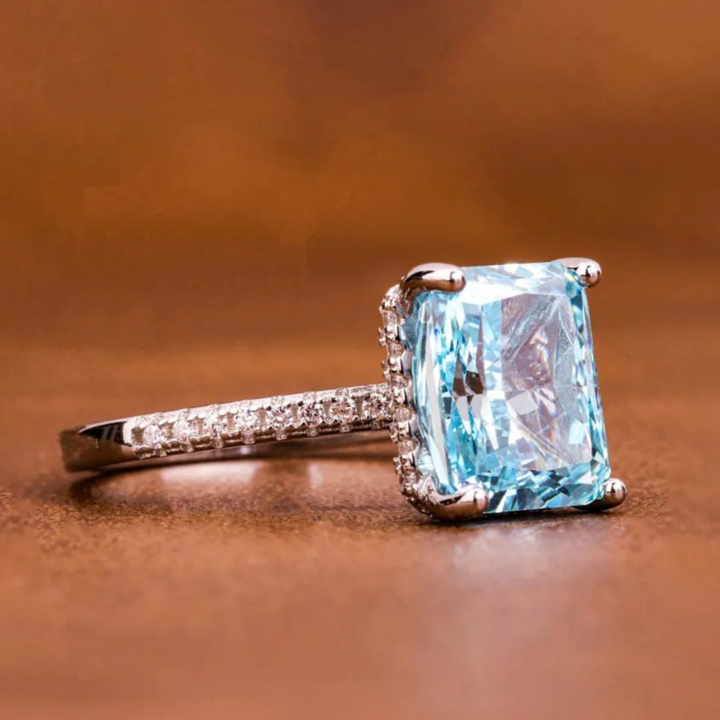 5.00 Ct Radiant Cut Fancy Vivid Blue Lab Grown Diamond Hidden Halo Engagement Ring  Round Diamond Prong Set Accent Ring Art Deco Wedding Ring
