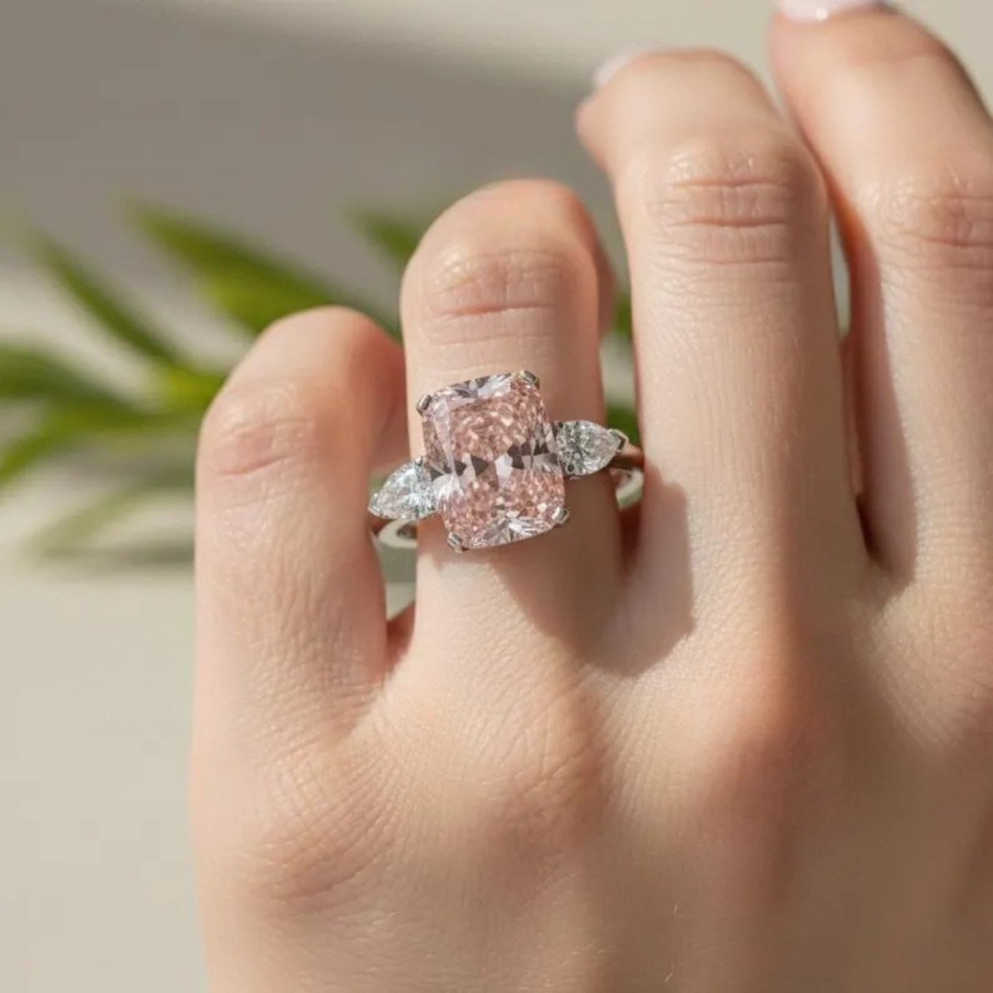 5.00 Ct Radiant Cut Intense Pink Lab-Grown Diamond Platinum Engagement Ring Side Pear Cut Three Stone Wedding Anniversary Ring