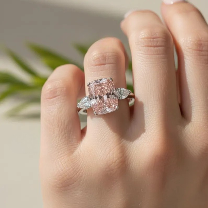 5.00 Ct Radiant Cut Intense Pink Lab-Grown Diamond Platinum Engagement Ring Side Pear Cut Three Stone Wedding Anniversary Ring