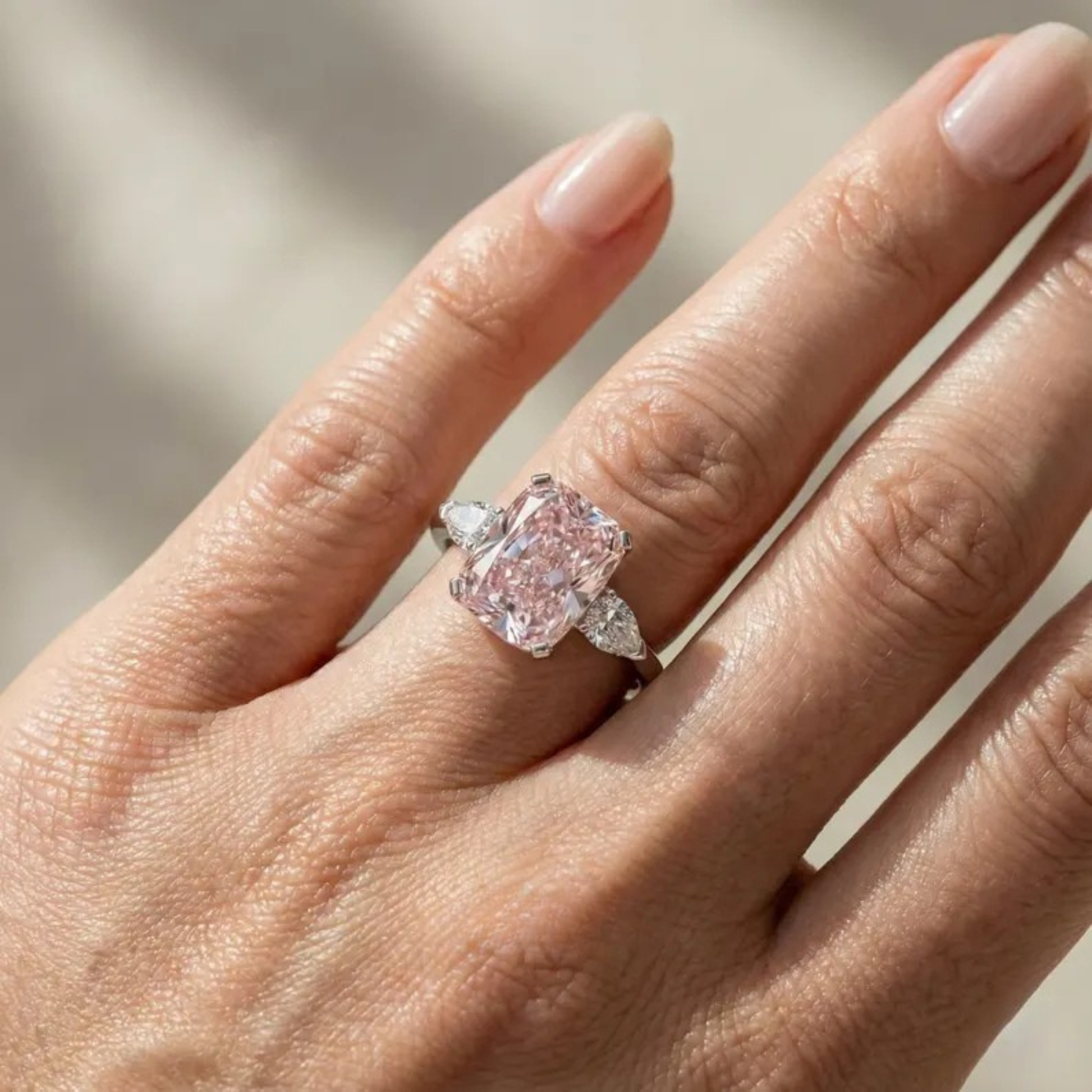 5.00 Ct Radiant Cut Intense Pink Lab-Grown Diamond Platinum Engagement Ring Side Pear Cut Three Stone Wedding Anniversary Ring