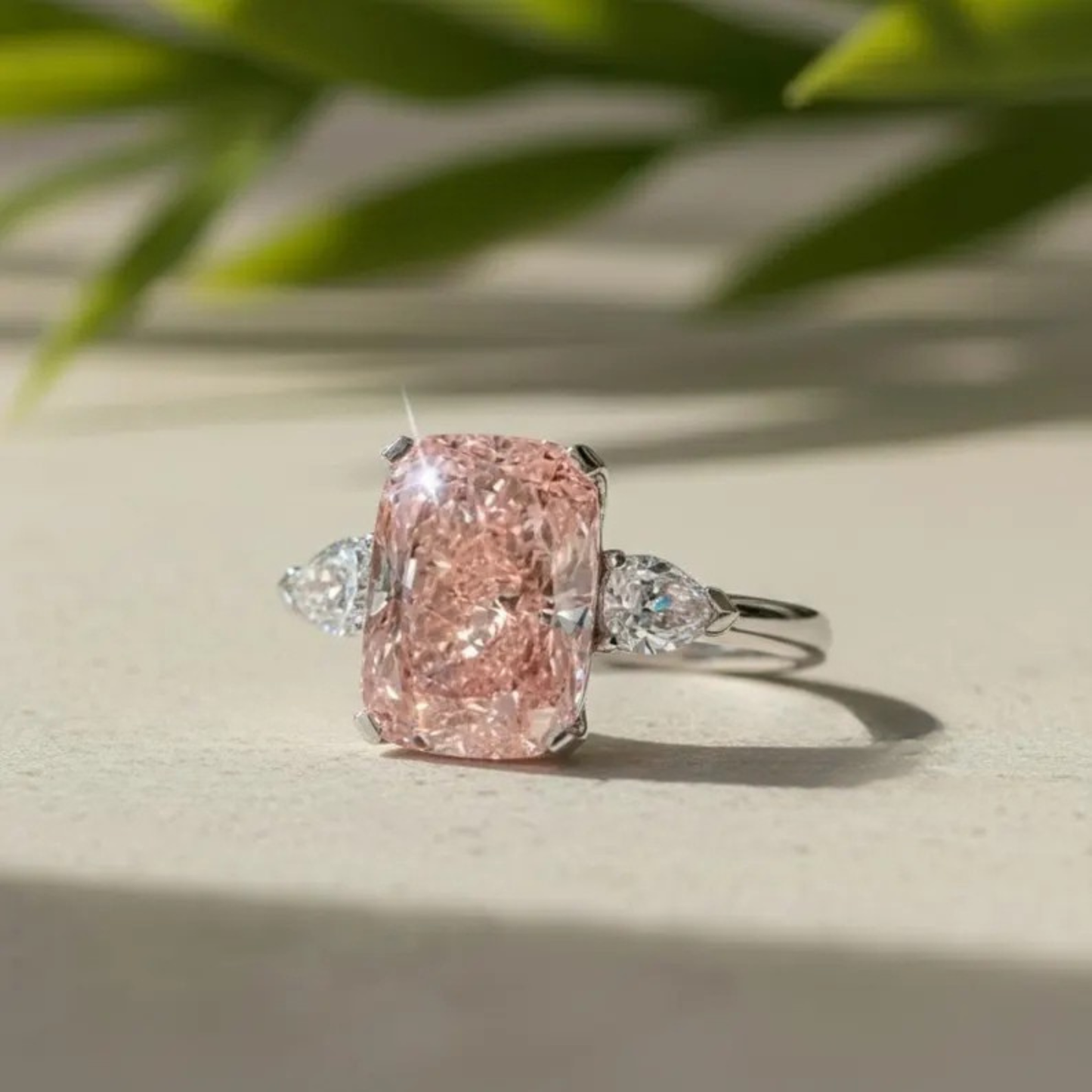 5.00 Ct Radiant Cut Intense Pink Lab-Grown Diamond Platinum Engagement Ring Side Pear Cut Three Stone Wedding Anniversary Ring