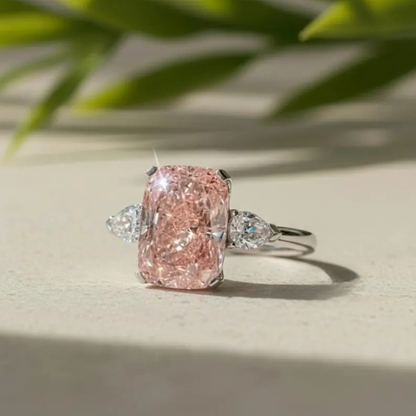 5.00 Ct Radiant Cut Intense Pink Lab-Grown Diamond Platinum Engagement Ring Side Pear Cut Three Stone Wedding Anniversary Ring