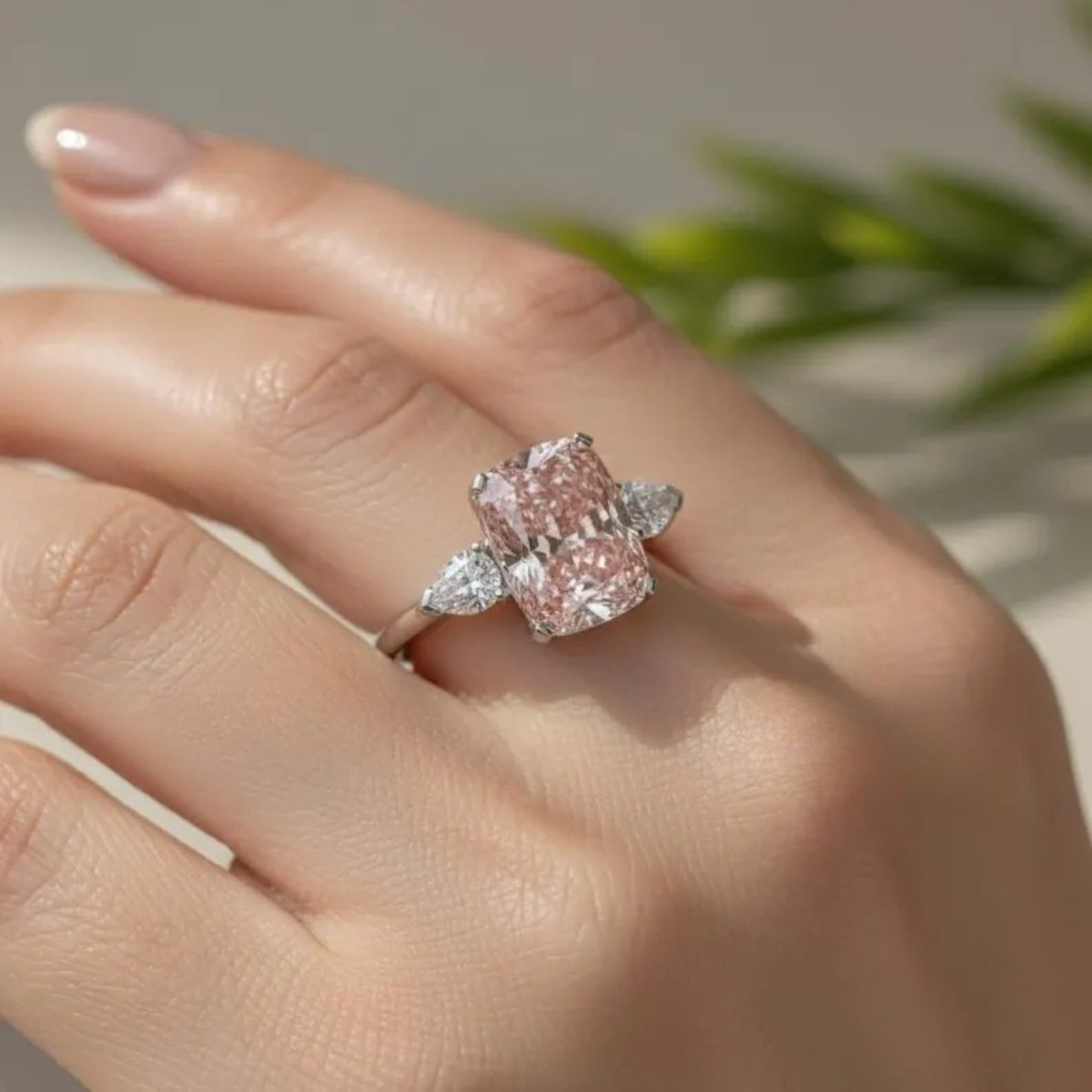 5.00 Ct Radiant Cut Intense Pink Lab-Grown Diamond Platinum Engagement Ring Side Pear Cut Three Stone Wedding Anniversary Ring
