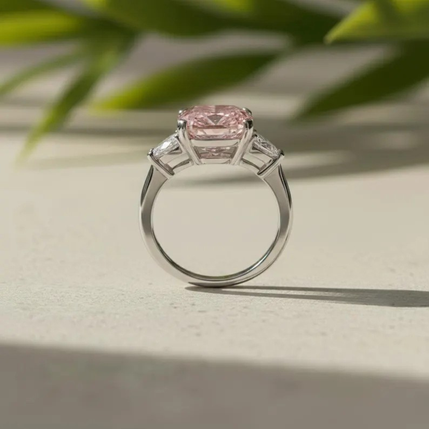 5.00 Ct Radiant Cut Intense Pink Lab-Grown Diamond Platinum Engagement Ring Side Pear Cut Three Stone Wedding Anniversary Ring