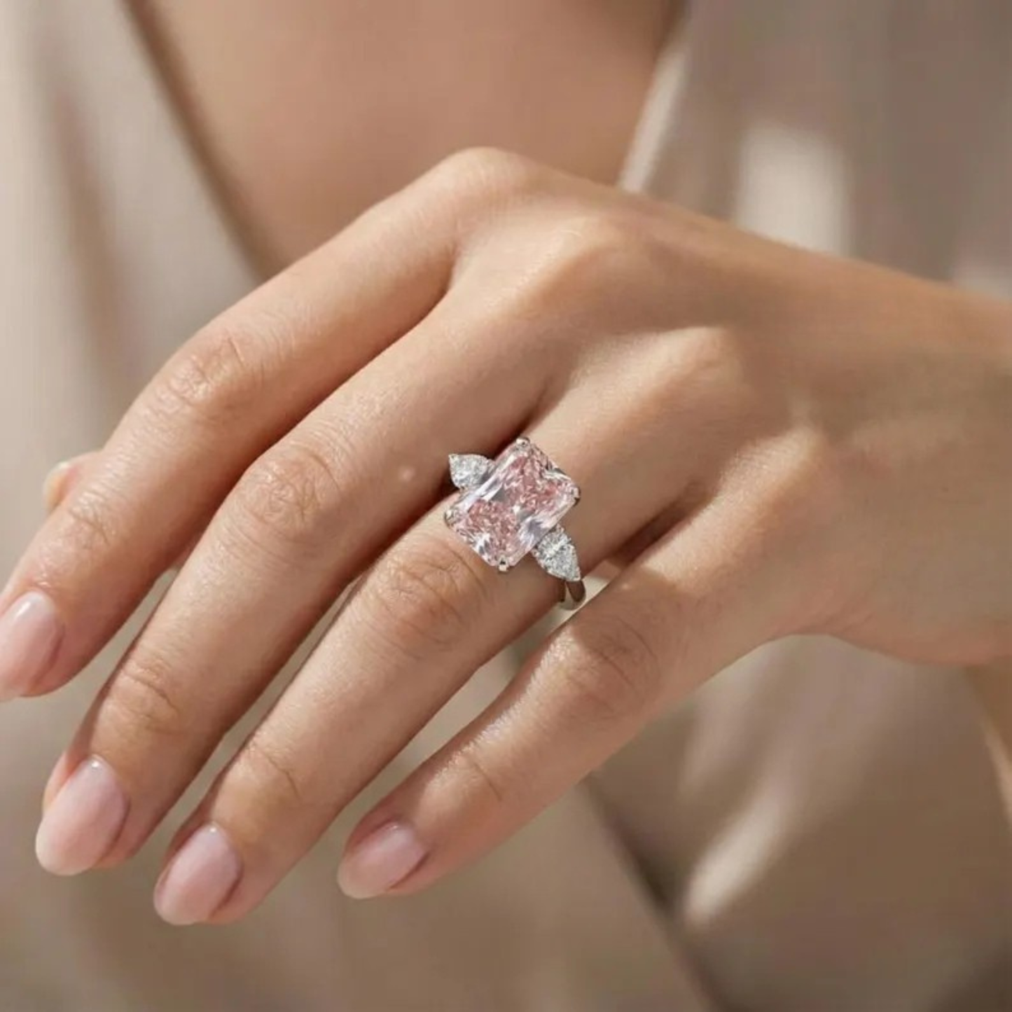 5.00 Ct Radiant Cut Intense Pink Lab-Grown Diamond Platinum Engagement Ring Side Pear Cut Three Stone Wedding Anniversary Ring