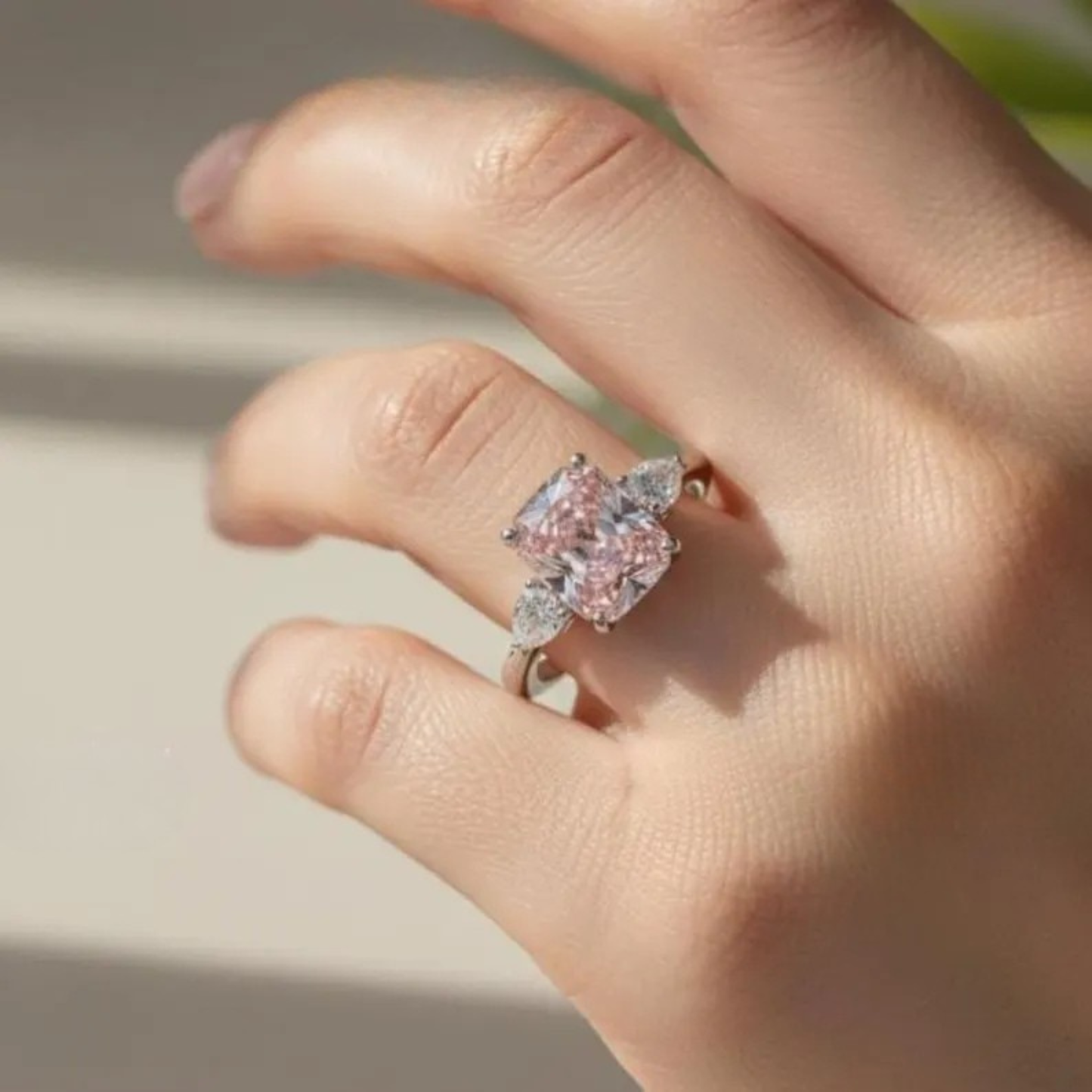 5.00 Ct Radiant Cut Intense Pink Lab-Grown Diamond Platinum Engagement Ring Side Pear Cut Three Stone Wedding Anniversary Ring