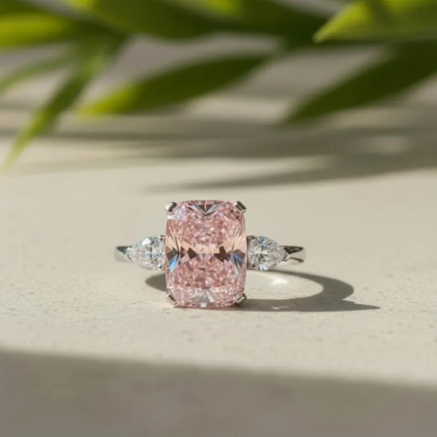 5.00 Ct Radiant Cut Intense Pink Lab-Grown Diamond Platinum Engagement Ring Side Pear Cut Three Stone Wedding Anniversary Ring