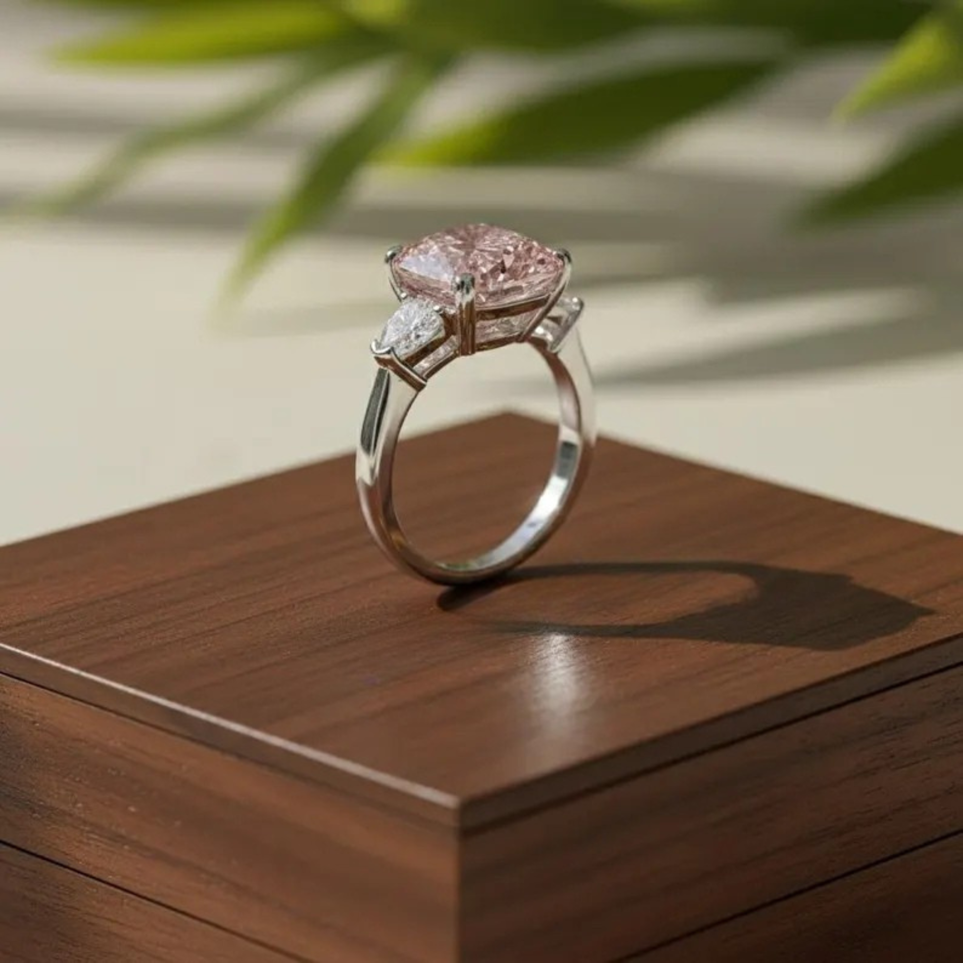 5.00 Ct Radiant Cut Intense Pink Lab-Grown Diamond Platinum Engagement Ring Side Pear Cut Three Stone Wedding Anniversary Ring