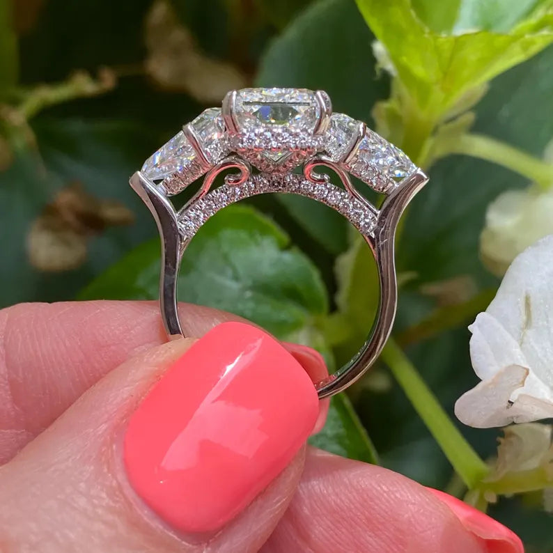 5.00 Ct Radiant Cut Lab Grown Diamond Engagement Ring14K White Gold Kite Shape Side Stone Wedding Anniversary Ring Gifts For Her