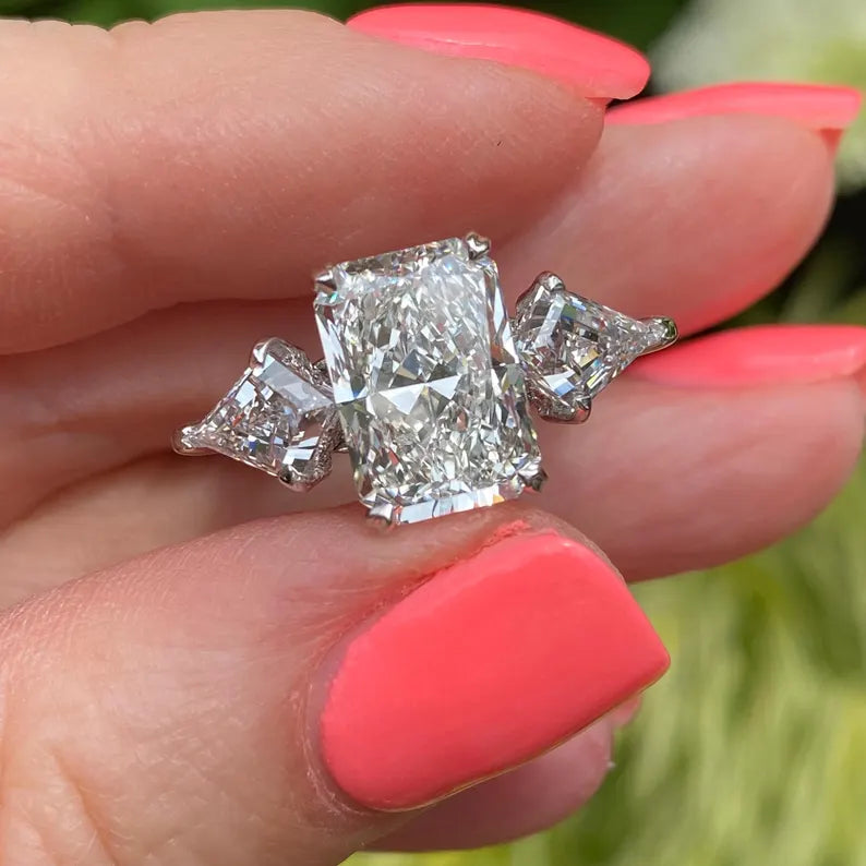 5.00 Ct Radiant Cut Lab Grown Diamond Engagement Ring14K White Gold Kite Shape Side Stone Wedding Anniversary Ring Gifts For Her