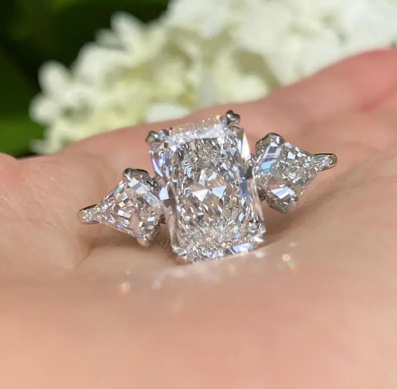 5.00 Ct Radiant Cut Lab Grown Diamond Engagement Ring14K White Gold Kite Shape Side Stone Wedding Anniversary Ring Gifts For Her