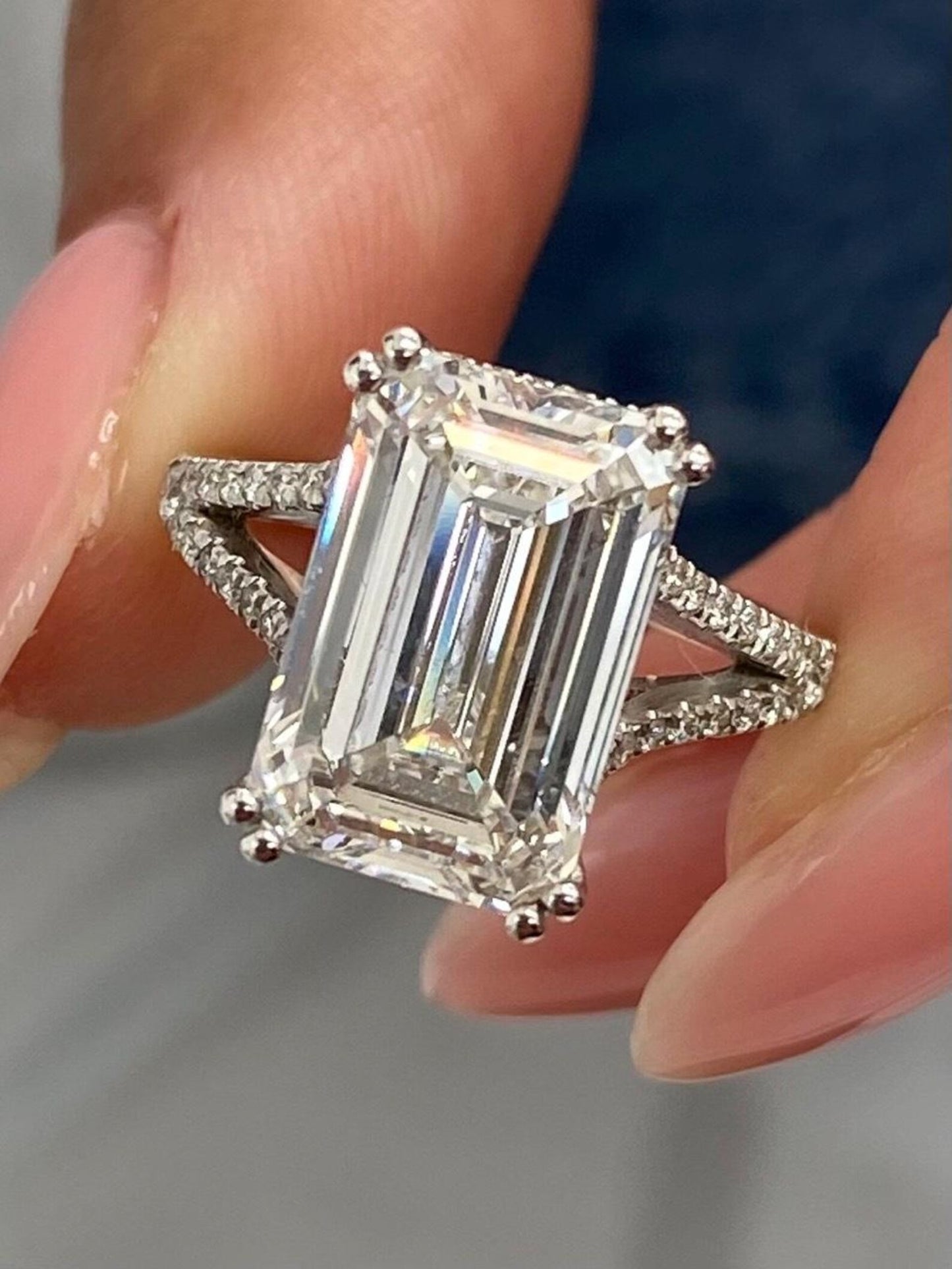 5.3 CT Emerald Cut Lab Grown Diamond Huge Solitaire Proposal Luxurious Engagement Ring