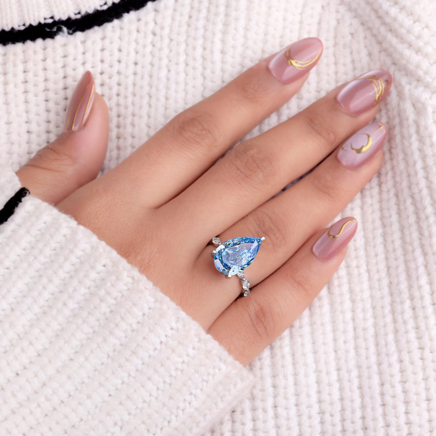 5.65 CT Pear Cut Vivid Blue Lab Grown Diamond Engagement Ring Side Marquise Cut Diamond Wedding Band Best Gift for Her