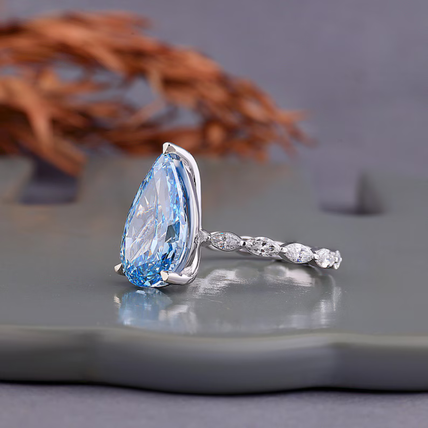 5.65 CT Pear Cut Vivid Blue Lab Grown Diamond Engagement Ring Side Marquise Cut Diamond Wedding Band Best Gift for Her