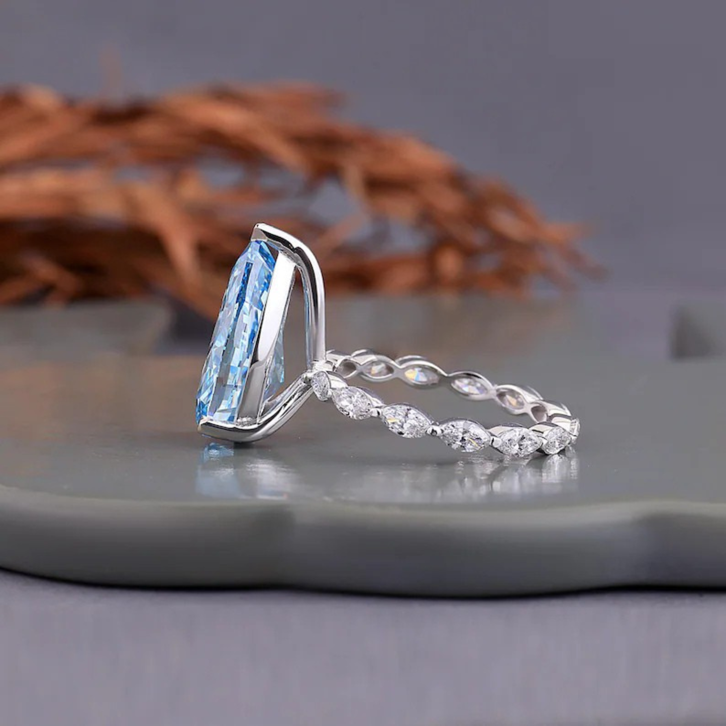 5.65 CT Pear Cut Vivid Blue Lab Grown Diamond Engagement Ring Side Marquise Cut Diamond Wedding Band Best Gift for Her