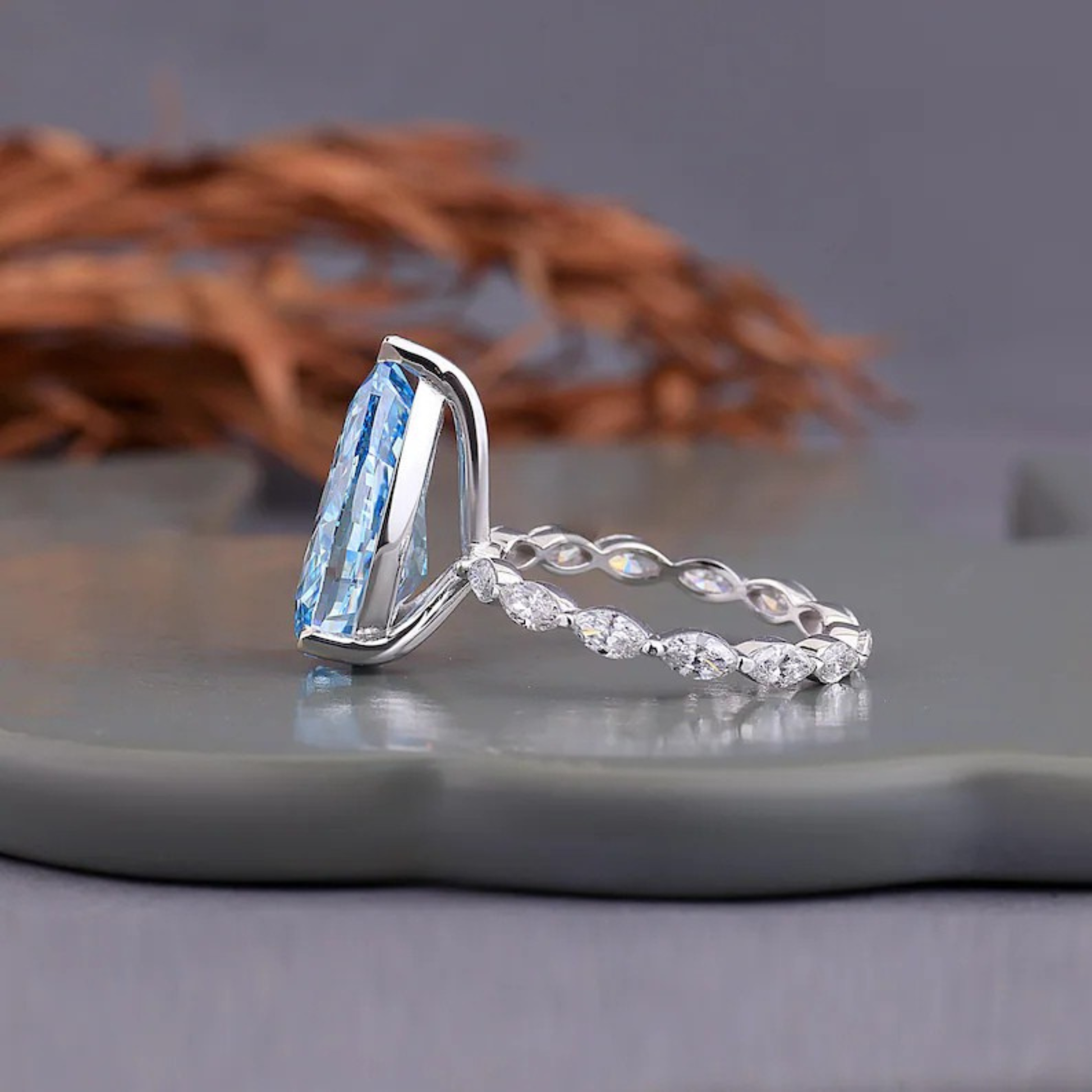 5.65 CT Pear Cut Vivid Blue Lab Grown Diamond Engagement Ring Side Marquise Cut Diamond Wedding Band Best Gift for Her