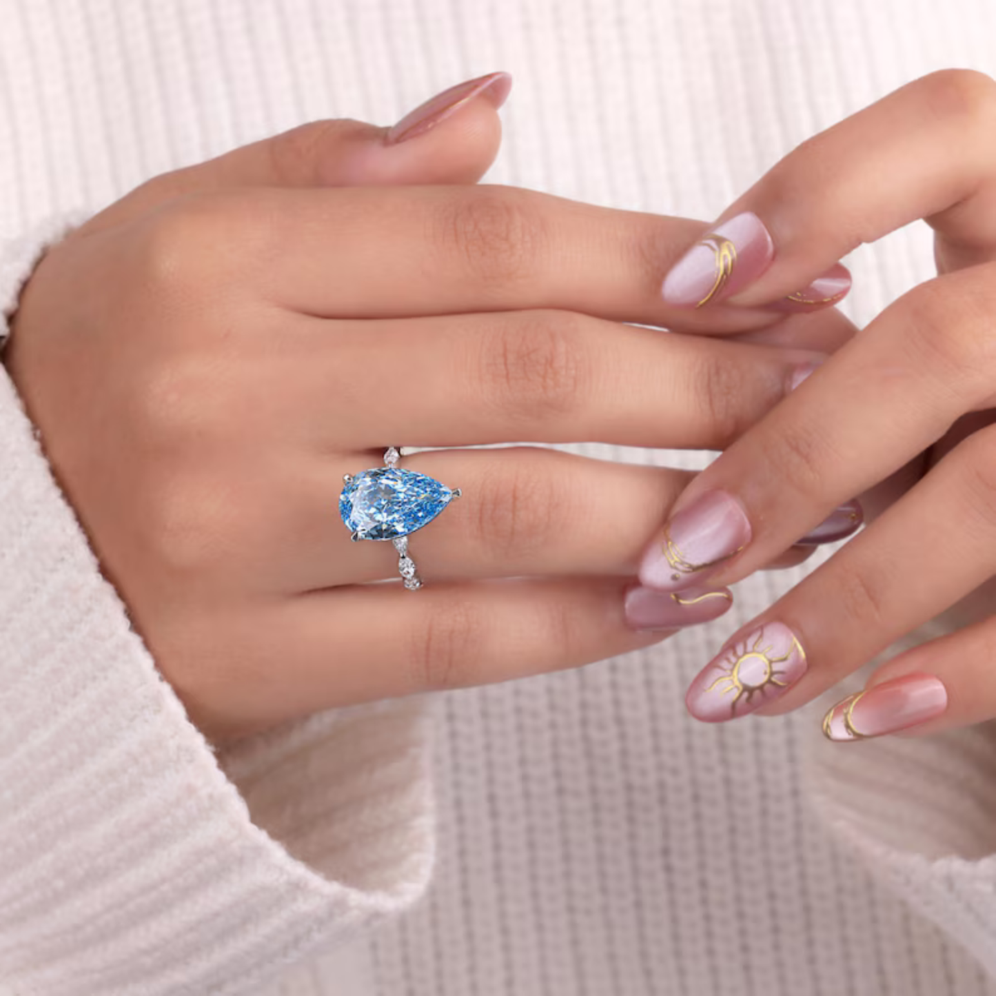 5.65 CT Pear Cut Vivid Blue Lab Grown Diamond Engagement Ring Side Marquise Cut Diamond Wedding Band Best Gift for Her