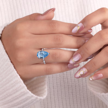 5.65 CT Pear Cut Vivid Blue Lab Grown Diamond Engagement Ring Side Marquise Cut Diamond Wedding Band Best Gift for Her