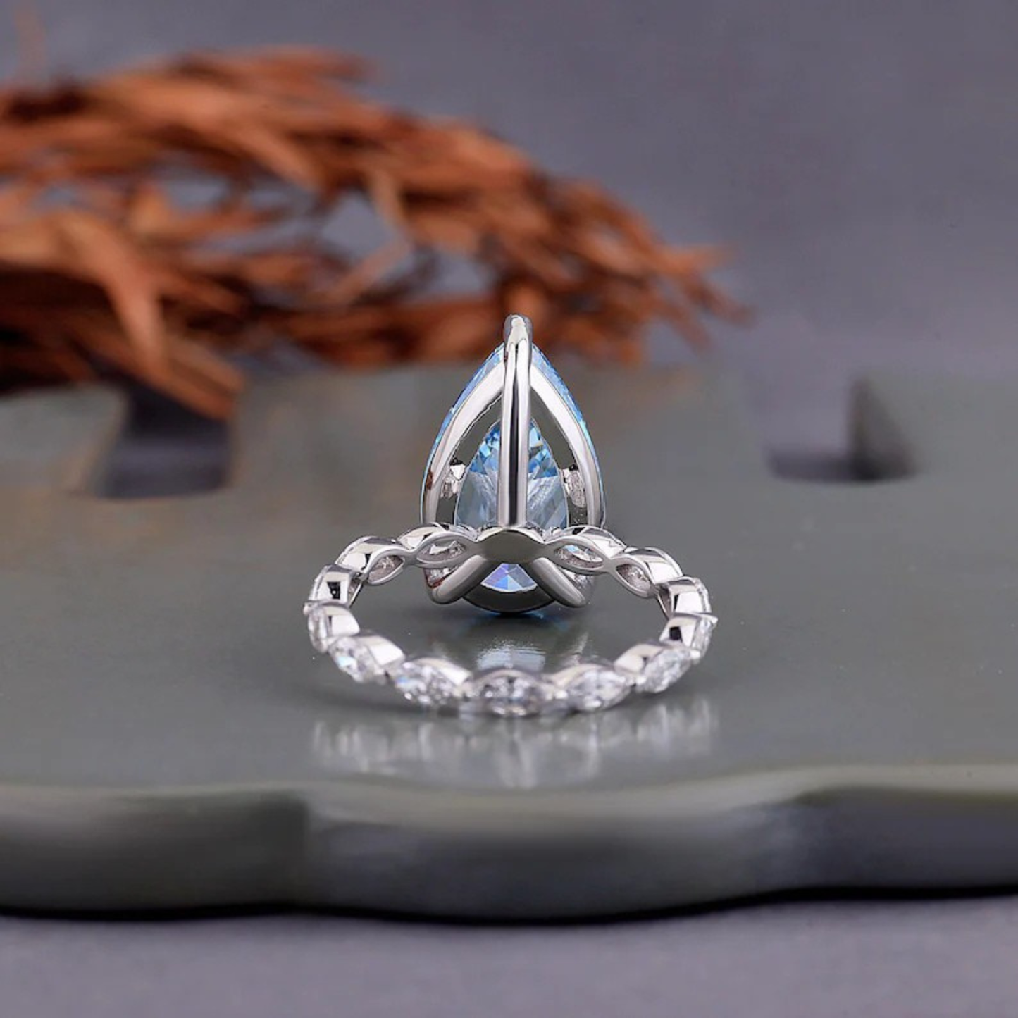 5.65 CT Pear Cut Vivid Blue Lab Grown Diamond Engagement Ring Side Marquise Cut Diamond Wedding Band Best Gift for Her