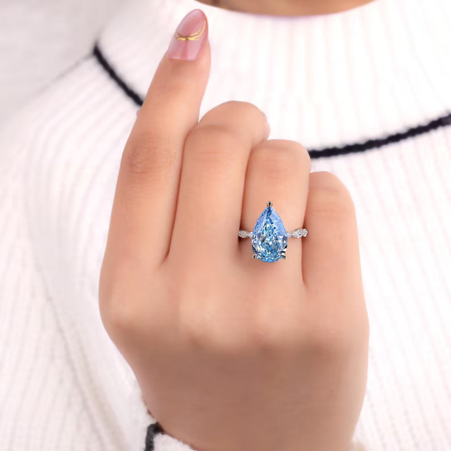 5.65 CT Pear Cut Vivid Blue Lab Grown Diamond Engagement Ring Side Marquise Cut Diamond Wedding Band Best Gift for Her