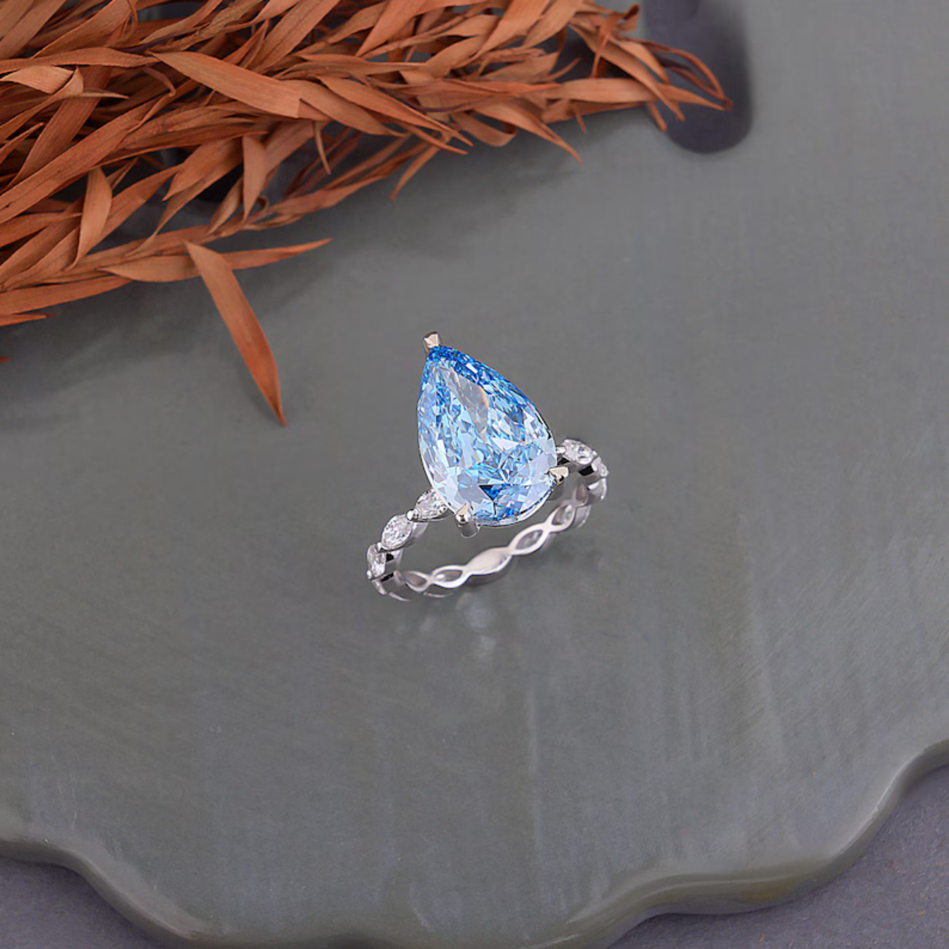 5.65 CT Pear Cut Vivid Blue Lab Grown Diamond Engagement Ring Side Marquise Cut Diamond Wedding Band Best Gift for Her