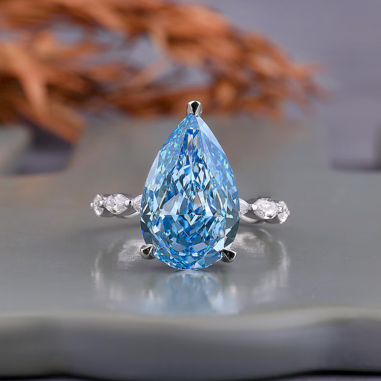 5.65 CT Pear Cut Vivid Blue Lab Grown Diamond Engagement Ring Side Marquise Cut Diamond Wedding Band Best Gift for Her
