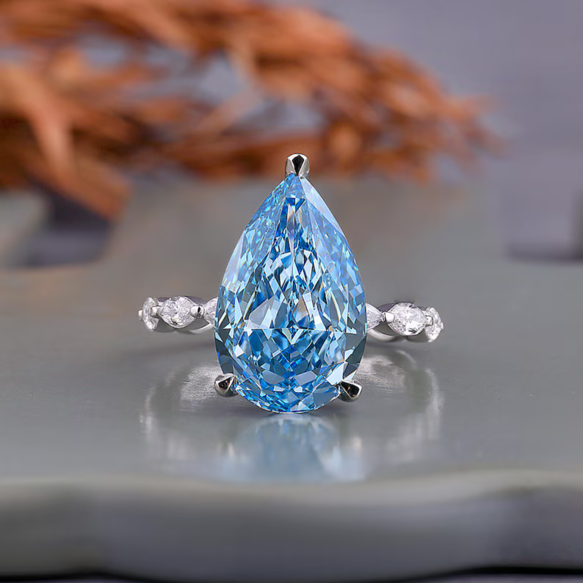 5.65 CT Pear Cut Vivid Blue Lab Grown Diamond Engagement Ring Side Marquise Cut Diamond Wedding Band Best Gift for Her
