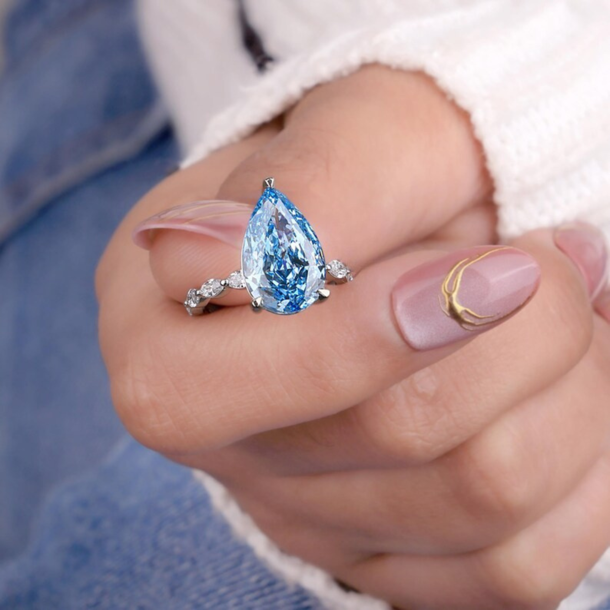 5.65 CT Pear Cut Vivid Blue Lab Grown Diamond Engagement Ring Side Marquise Cut Diamond Wedding Band Best Gift for Her