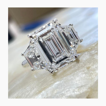 5.80 CT Emerald Cut Lab Grown Diamond Three Stone Engagement Ring 14kt Gold Ring