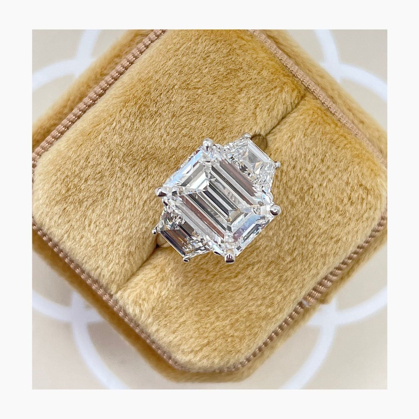 5.80 CT Emerald Cut Moissanite Diamond Three Stone Engagement Ring 14kt Gold Ring
