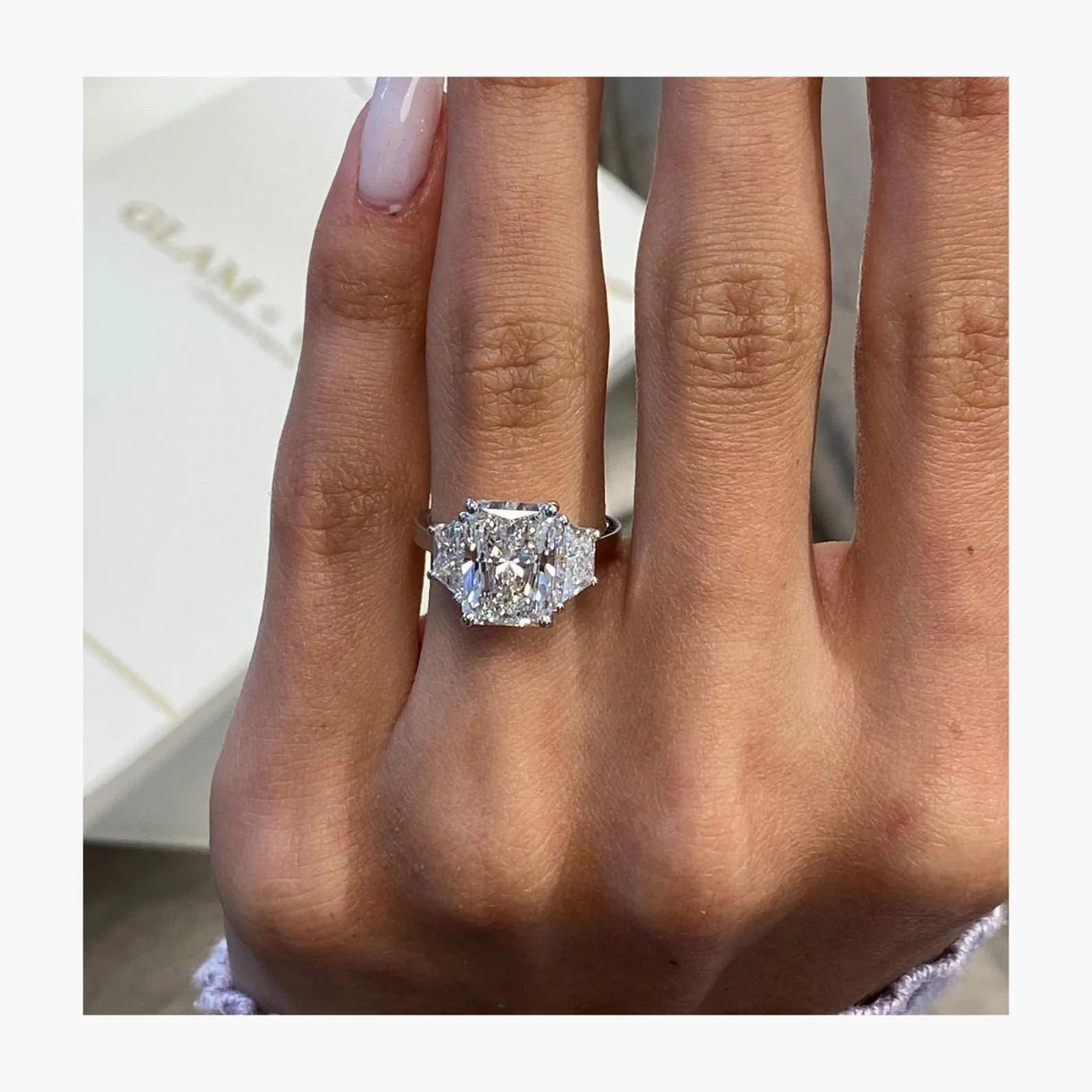 5 Ct Moissanite Radiant Cut with Trapezoid Side Three Stone 14kt Engagement Ring