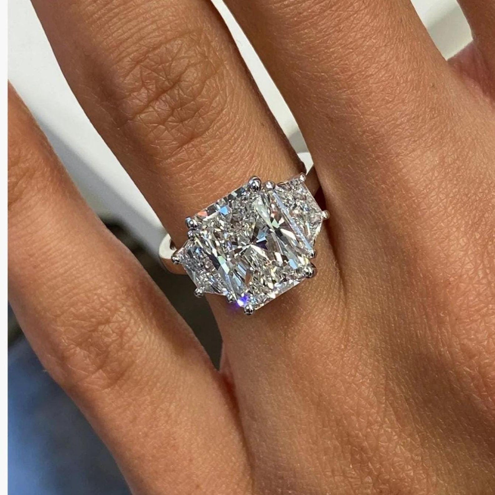 5 Ct Moissanite Radiant Cut with Trapezoid Side Three Stone 14kt Engagement Ring