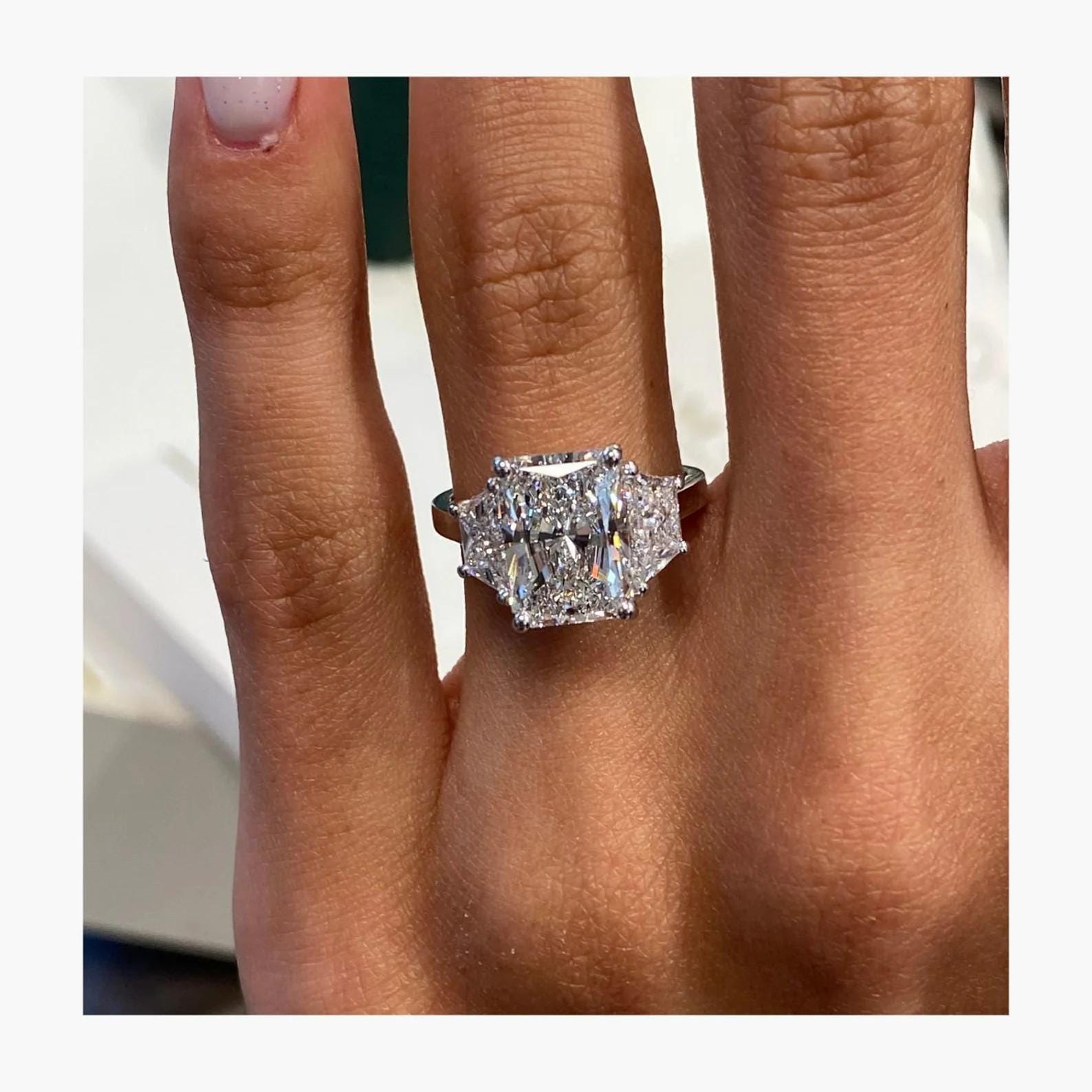 5 Ct Moissanite Radiant Cut with Trapezoid Side Three Stone 14kt Engagement Ring