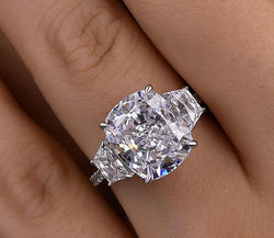 5 CT Elongated Cushion Cut Three Stone Lab Grown Diamond Engagement Ring 14K Gold Trapezoid Side Stone Antique Bridal Wedding Gifts